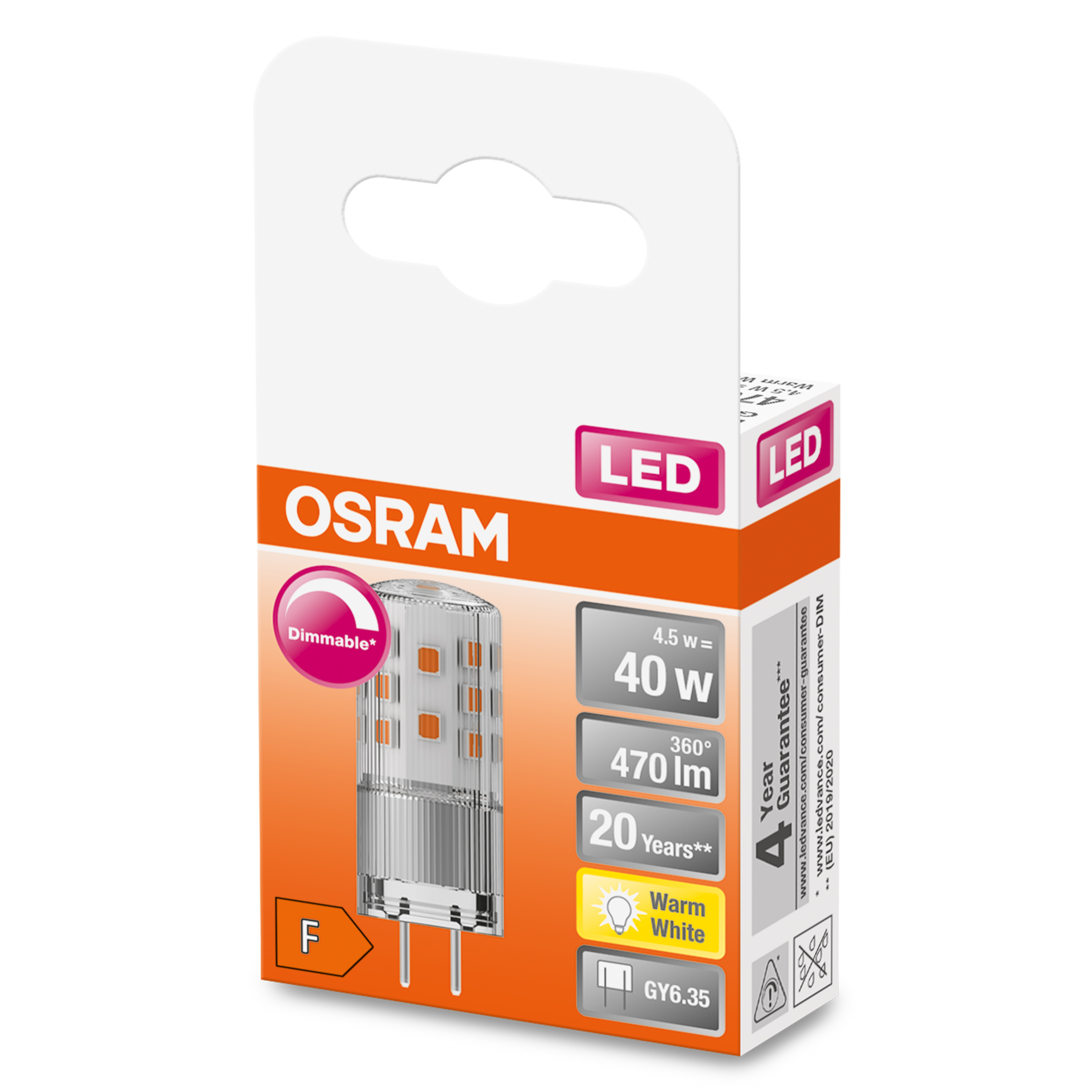 Osram LED PIN G6.35 12V 4.5W 470 LUMENS 827 Warm White DIMMABLE Replaces 40W